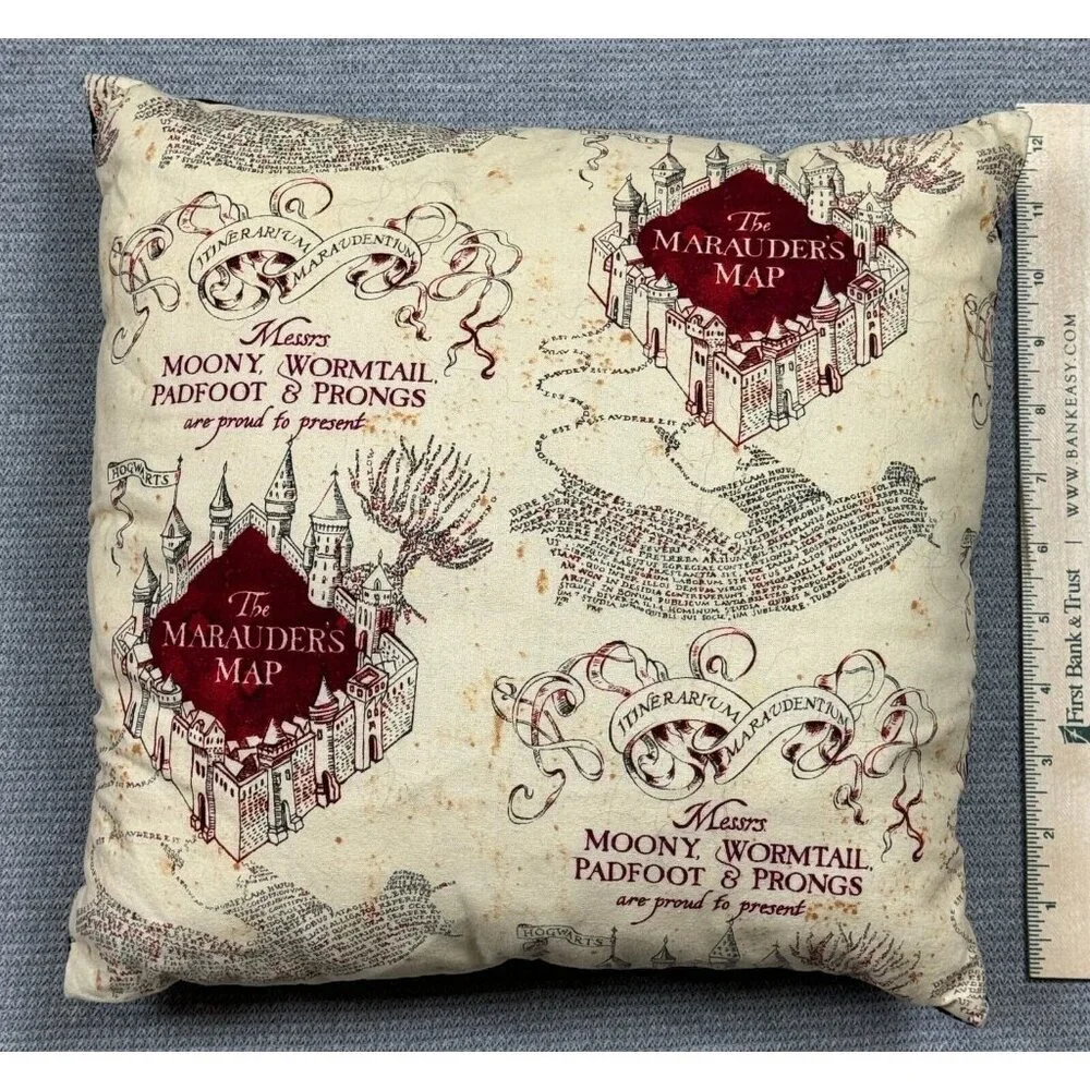 Harry Potter Throw Pillow 12"X12" The Marauders Map Beige Black Red Square - Picture 6 of 6